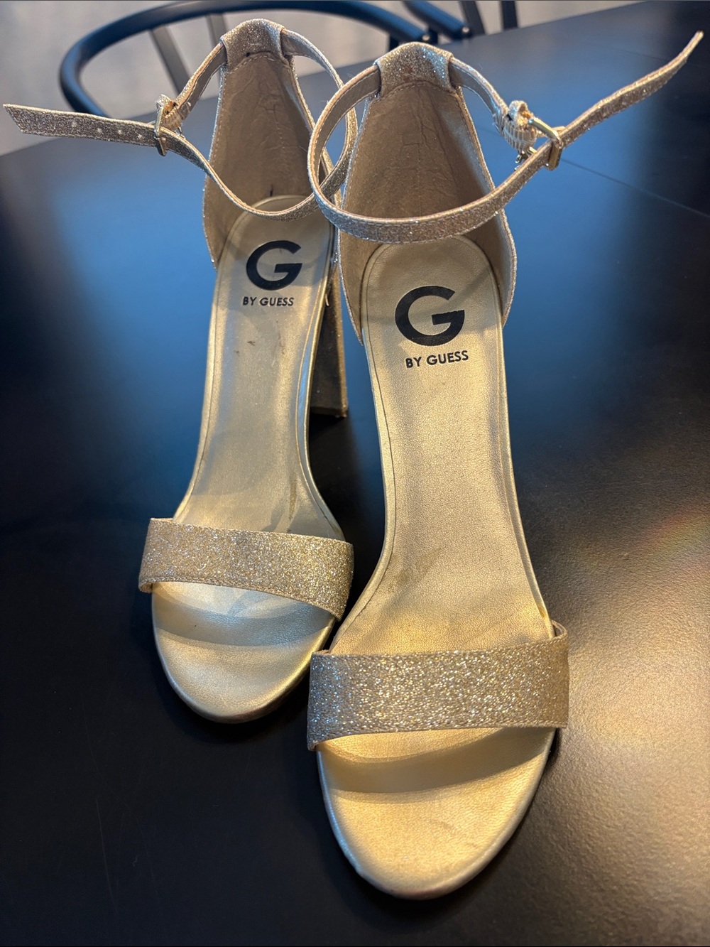 G by Guess Gold Glitter Open-Toe Ankle-Strap Heels
